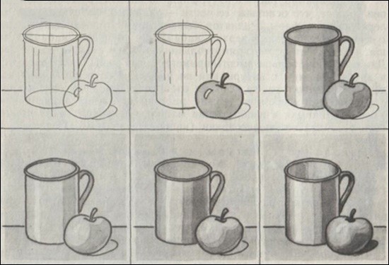 Dekorative Stillleben in verschiedenen Stilen, ungewöhnliche Gouache, Grafiken, schwarz und weiß