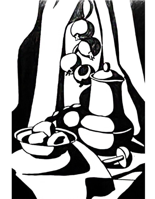 Dekorative Stillleben in verschiedenen Stilen, ungewöhnliche Gouache, Grafiken, schwarz und weiß