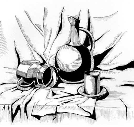 Dekorative Stillleben in verschiedenen Stilen, ungewöhnliche Gouache, Grafiken, schwarz und weiß