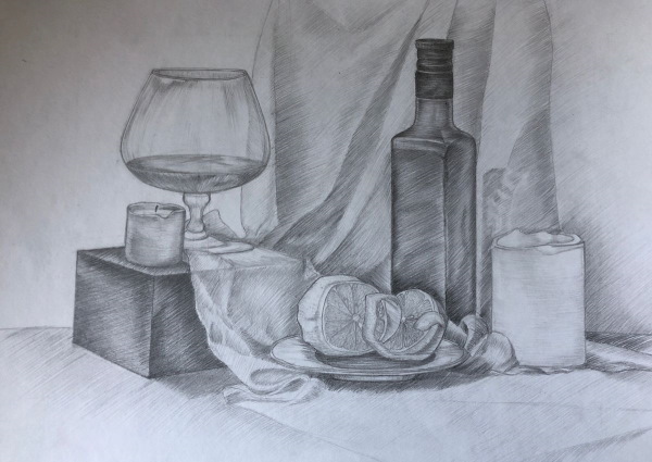 Dekorative Stillleben in verschiedenen Stilen, ungewöhnliche Gouache, Grafiken, schwarz und weiß