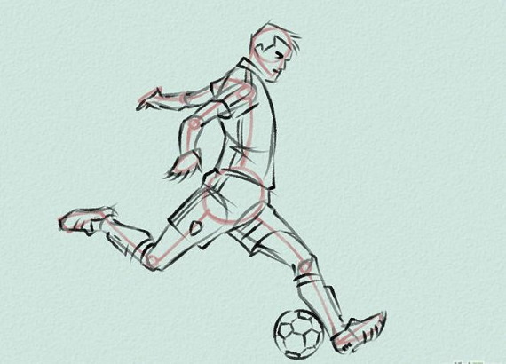 Fußballspieler mit Ball Bleistiftzeichnung für Kinder