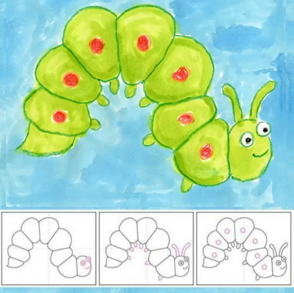 Raupenzeichnung für Kinder mit Bleistift, Farben