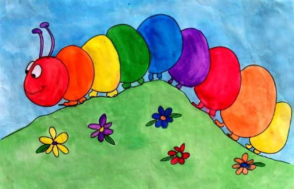 Raupenzeichnung für Kinder mit Bleistift, Farben