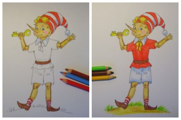 Zeichnung von Buratino für Kinder der Klassen 1-2-3