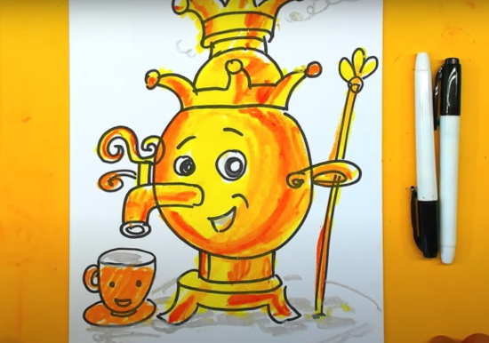 Samowar zeichnen für Kinder mit Bleistift Schritt für Schritt