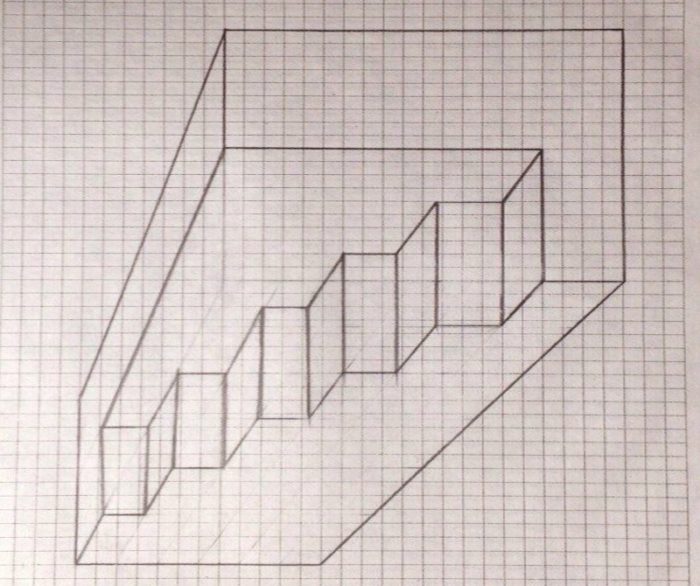 3D-Zeichnungen von Zellen in einem Notizbuch mit Bleistift, Kugelschreiber Schritt für Schritt