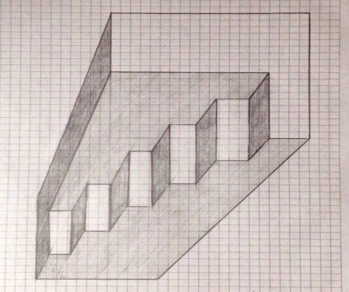 3D-Zeichnungen von Zellen in einem Notizbuch mit Bleistift, Kugelschreiber Schritt für Schritt