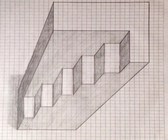 3D-Zeichnungen von Zellen in einem Notizbuch mit Bleistift, Kugelschreiber Schritt für Schritt