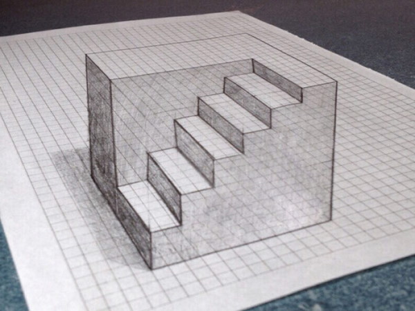3D-Zeichnungen von Zellen in einem Notizbuch mit Bleistift, Kugelschreiber Schritt für Schritt
