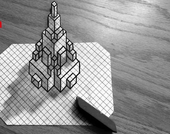 3D-Zeichnungen von Zellen in einem Notizbuch mit Bleistift, Kugelschreiber Schritt für Schritt