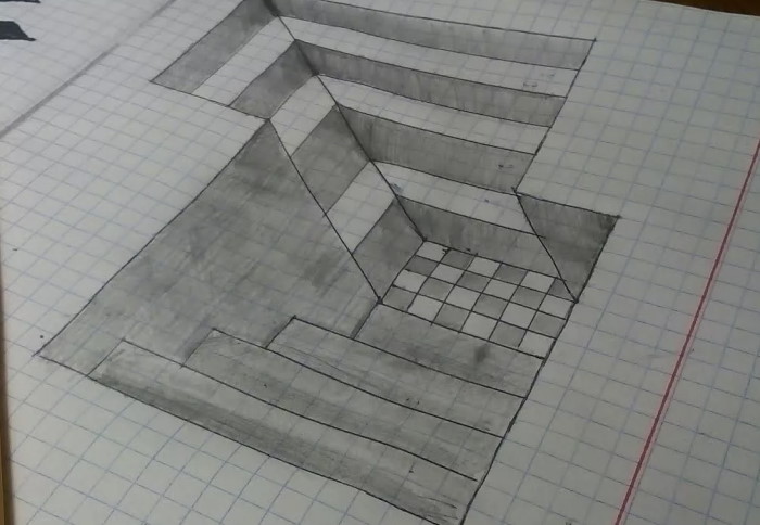 3D-Zeichnungen von Zellen in einem Notizbuch mit Bleistift, Kugelschreiber Schritt für Schritt