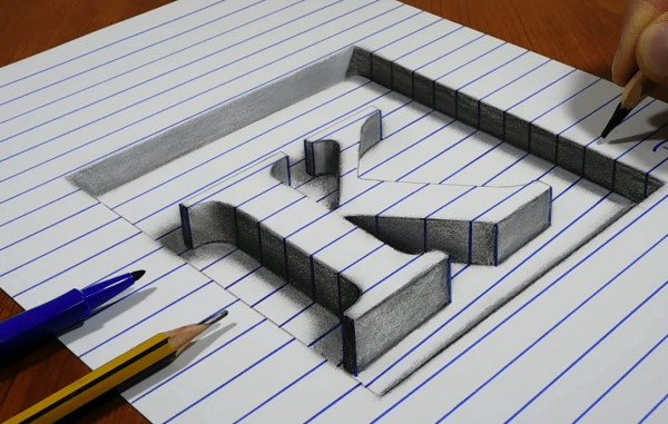3D-Zeichnungen von Zellen in einem Notizbuch mit Bleistift, Kugelschreiber Schritt für Schritt