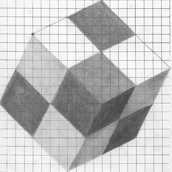 3D-Zeichnungen von Zellen in einem Notizbuch mit Bleistift, Kugelschreiber Schritt für Schritt