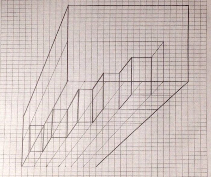 3D-Zeichnungen von Zellen in einem Notizbuch mit Bleistift, Kugelschreiber Schritt für Schritt