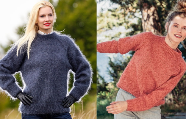 Mit Nadeln gestrickter Damenpullover aus Mohair. Schema mit Beschreibung