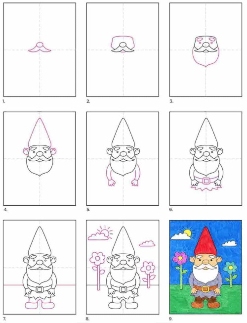 Gnome zeichnen für Kinder mit Bleistift Schritt für Schritt