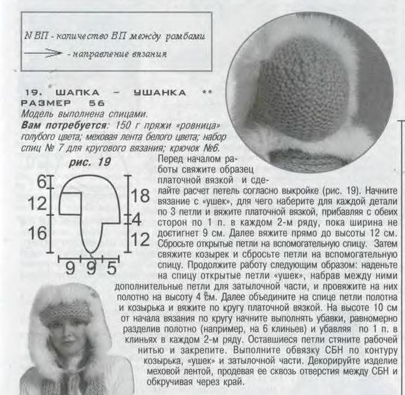 Strickmütze mit Ohrenklappen für Damen. Strickmuster mit Beschreibungen, Fotos
