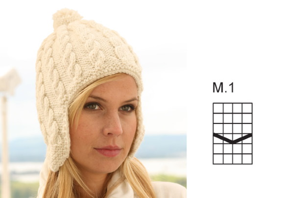 Muster zum Stricken von Mützen. Schema mit Beschreibung in einem Kreis volumetrisch, Perle, Cloque, Zopf