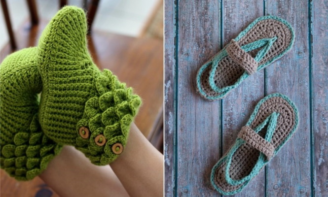 Gestrickte Hausschuhe gehäkelt. Schemata und Beschreibungen, Modelle, Fotos, Meisterkurse
