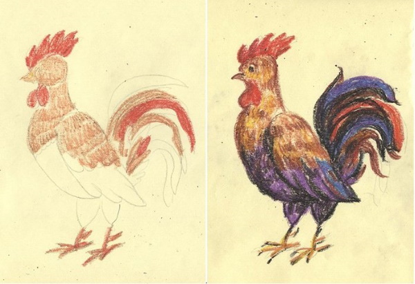 Hahnzeichnung für Kinder mit Bleistift, Farben in Farbe, Schwarzweiß