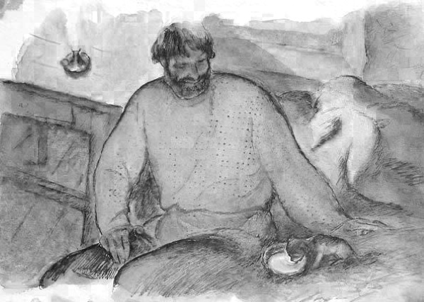 Schrittweises Zeichnen zum Thema Mumu und Gerasim mit einem Bleistift
