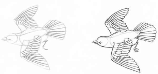 Zeichnung eines Gimpels für Kinder mit einem Bleistift, malt Schritt für Schritt auf einem Ebereschenzweig, im Winter, mit einem Vogelhäuschen