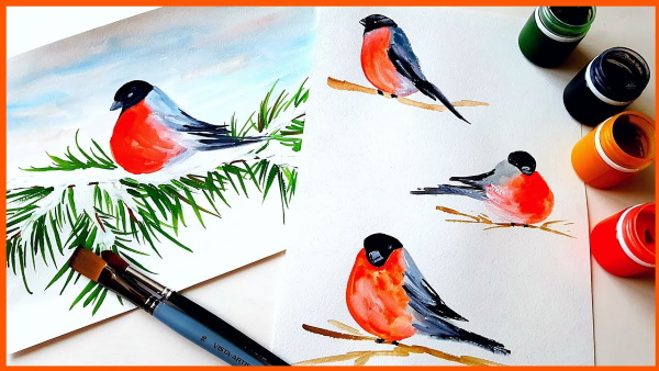 Zeichnung eines Gimpels für Kinder mit einem Bleistift, malt Schritt für Schritt auf einem Ebereschenzweig, im Winter, mit einem Vogelhäuschen