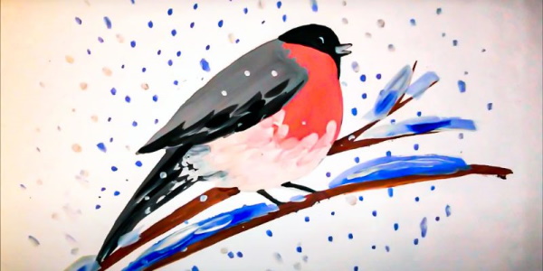 Zeichnung eines Gimpels für Kinder mit einem Bleistift, malt Schritt für Schritt auf einem Ebereschenzweig, im Winter, mit einem Vogelhäuschen
