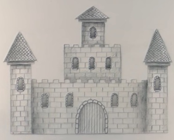 Schlosszeichnung für Kinder mit Bleistift Schneekönigin, Mittelalter, Märchen, alter Ritter
