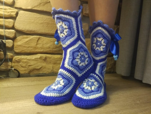 Gehäkelte Stiefel aus Sechsecken. Schema, Meisterklasse mit Schritt-für-Schritt-Beschreibung