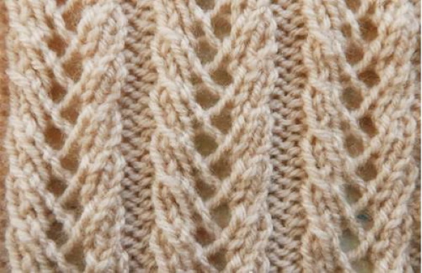 Ährchenmuster-Stricknadeln. Schema und Beschreibung der länglichen Schleifen, durchbrochen