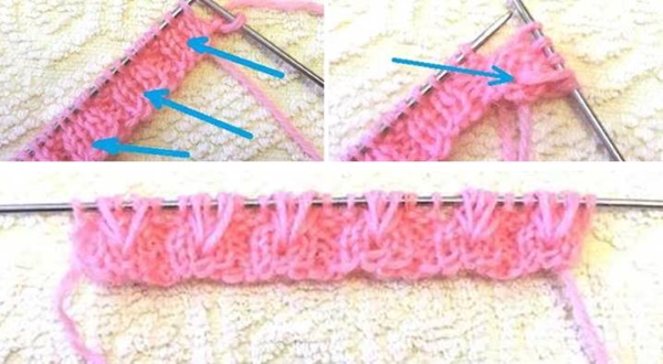 Ährchenmuster-Stricknadeln. Schema und Beschreibung der länglichen Schleifen, durchbrochen