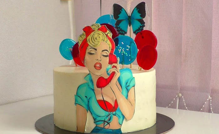 Foto eines Mädchens im Pin-Up-Stil für einen Kuchen. Beispiele