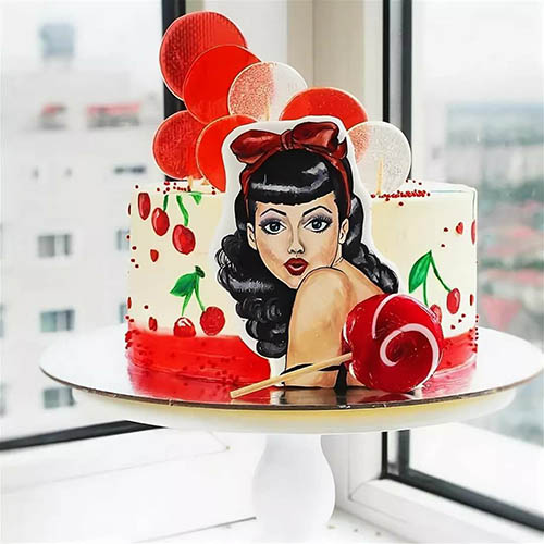 Foto eines Mädchens im Pin-Up-Stil für einen Kuchen. Beispiele