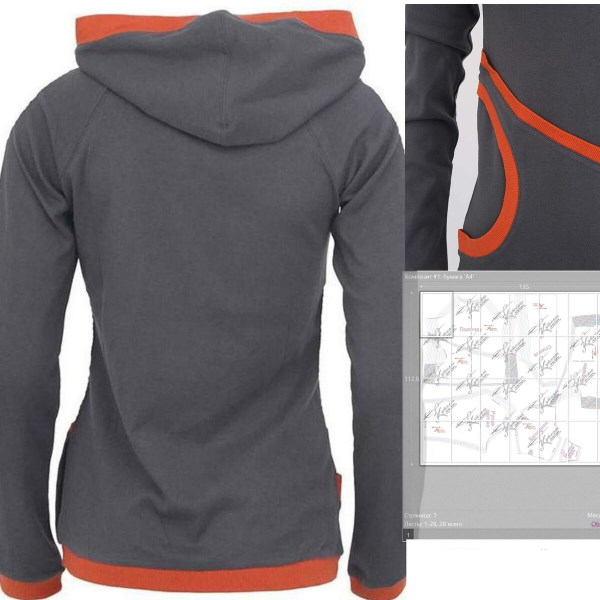 So nähen Sie einen Damen-Hoodie. Muster mit Reißverschluss, lang, isoliert