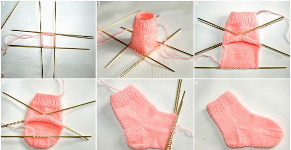 Gestrickte Socken für Neugeborene von 0 bis 8 Monaten. Schemata