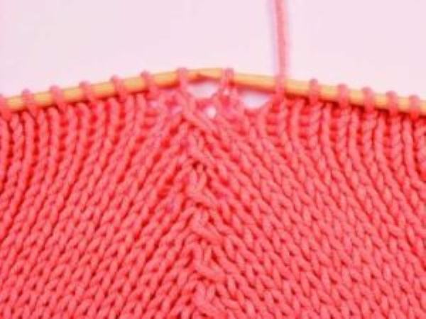 Mit Stricknadeln Maschen an einer Mütze abnehmen. Muster mit glatt rechts, 2x2, 1x1 Gummiband