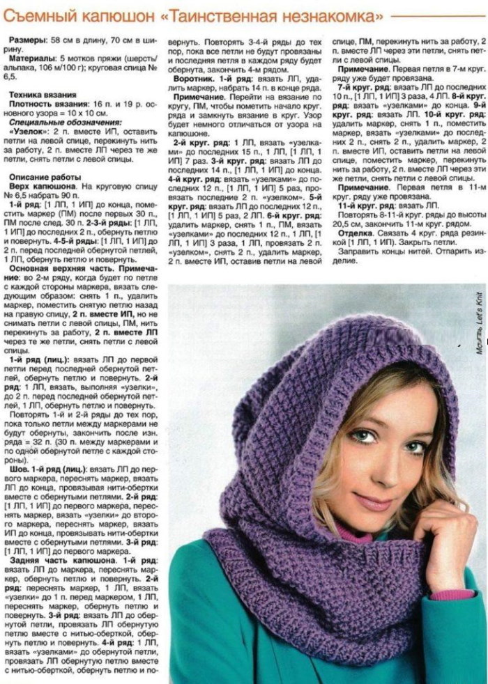 Mit Nadeln gestrickter Kapuzenkragen. Schemata und Beschreibung