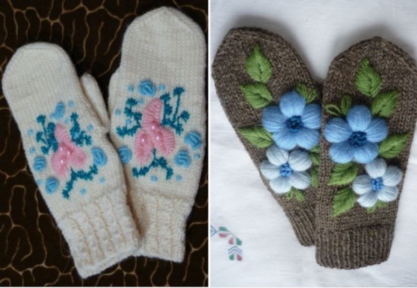 Stickerei auf gestrickten Fäustlingen mit Wollfäden. Meisterklasse