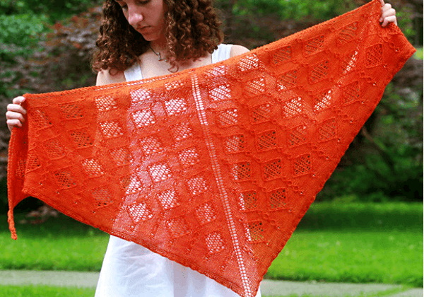 Durchbrochenes Kopftuch, mit Stricknadeln gestrickt. Schemata und Beschreibung für Anfänger