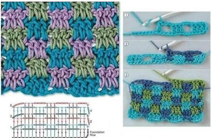 Zweifarbige Häkelmuster. Strickmuster und Beschreibungen