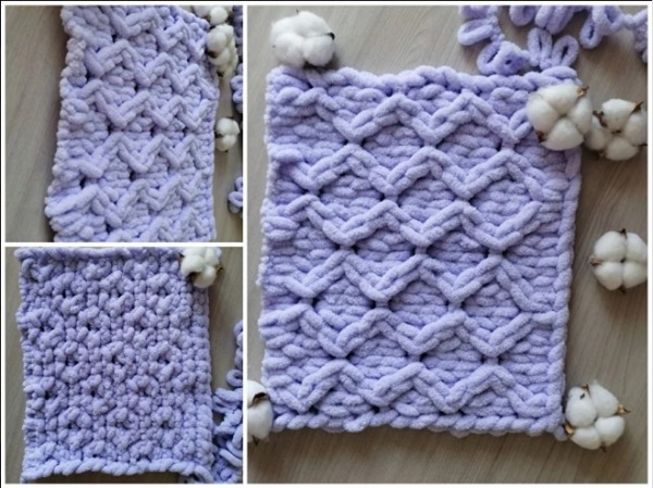 Decke aus Plüschgarn, gehäkelt, handgestrickt, gestrickt. Schemata mit Beschreibung