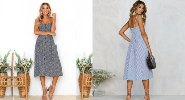 Sommerkleid mit Knöpfen vorne. Schnittmuster zum Nähen mit figurbetontem Oberteil, breiten Trägern und Verschluss