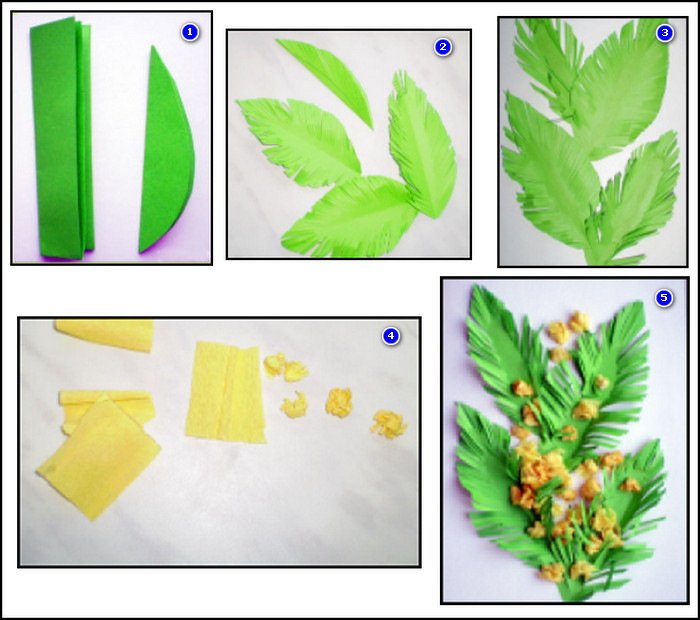 Papierapplikation für Kinder von 5–6 Jahren. Volumetrische Applikation Mimosa-Zweig
