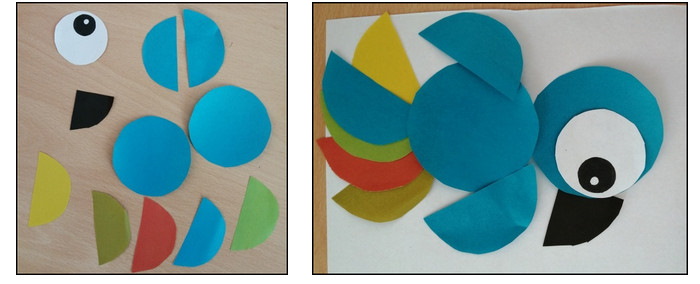 Papierapplikation für Kinder von 5–6 Jahren. Papagei