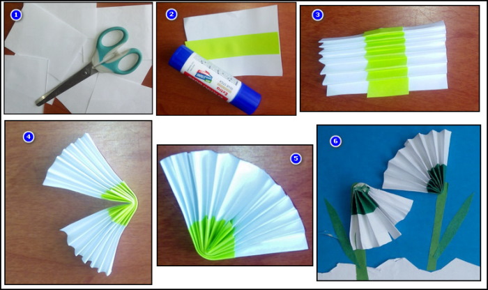Papierapplikation. Lichtung mit Schneeglöckchen