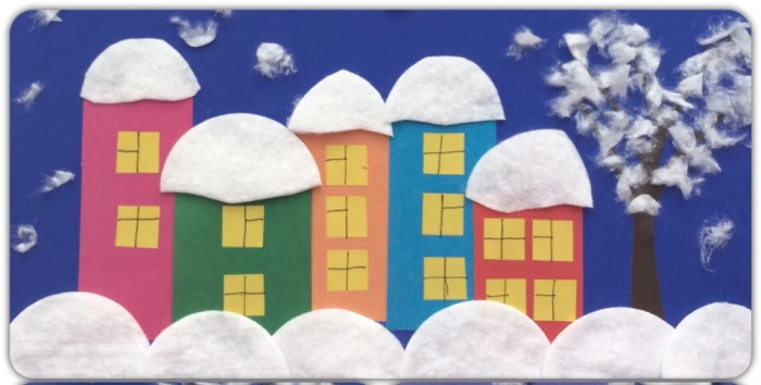 Papierapplikation. Stadt im Schnee