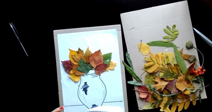 Applikation mit Herbstblättern. Vase