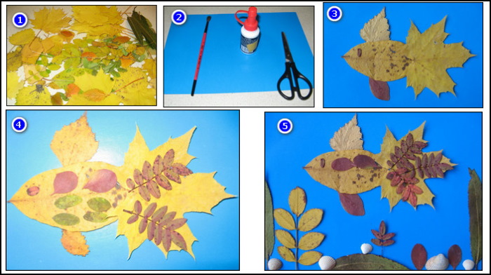 Applikation mit Herbstblättern. Goldfisch