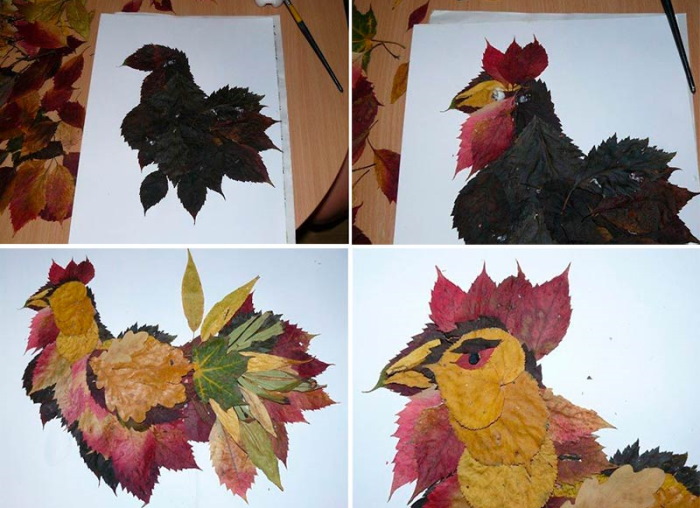 Applikation mit Herbstblättern. Hähnchen